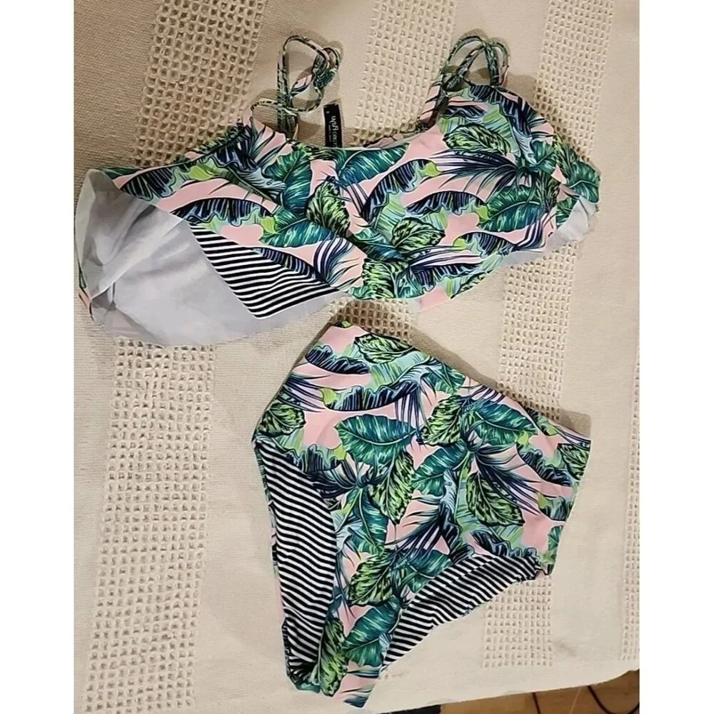 Tropical‎ Bikini Swimsuit Set Womens Sz S  Reversable High Waisted Bottoms EUC